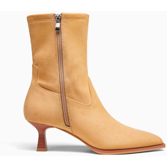 Women's Camel Suede Pointed Toe Ankle Boots Stacked Kitten Low Heel Side Zipper - Picture 5 of 6